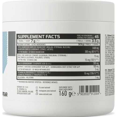 OstroVit ZMAdvanced 160g - Magnesium, B6, Zinc, DAA, Ashwagandha & Melatonin | OstroVit