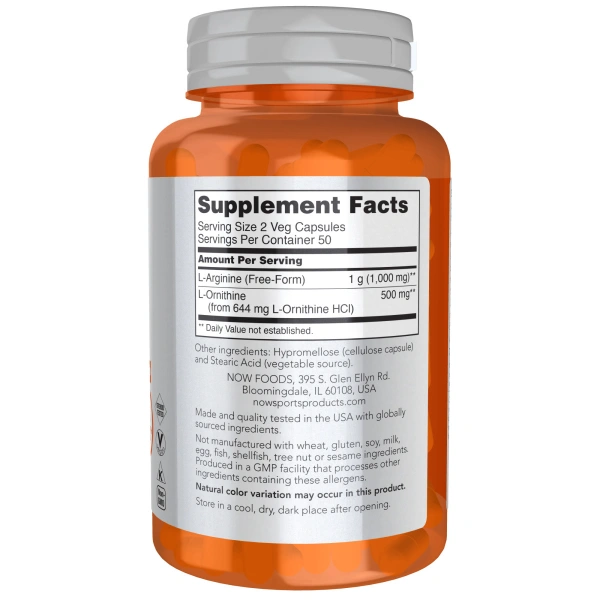 Now Foods, Arginine & Ornithine (Arginiin & Ornitiin), 500 mg / 250 mg, 100 kapslit | Now Foods