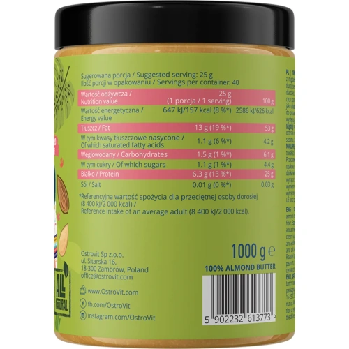 OstroVit 100% Almond Butter 1000g - Smooth | OstroVit