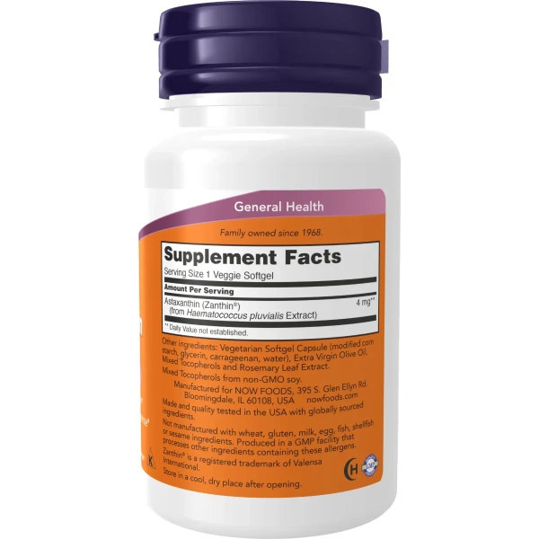 Now Foods, Астаксантин, 4 мг, 60 растительных мягких желатиновых капсул | Now Foods