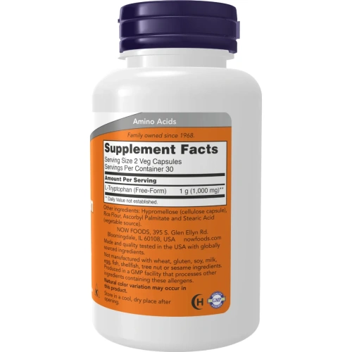 NOW Foods, L-Tryptophan, 500 mg, 60 Veg Capsules (500 mg per Capsule) | Now Foods