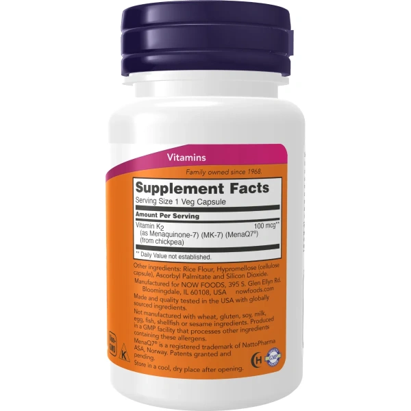 Now Foods, MK-7 Vitamin K-2 (Vitamiin MK-7 ja K2), 100 mcg, 60 kapslit | Now Foods