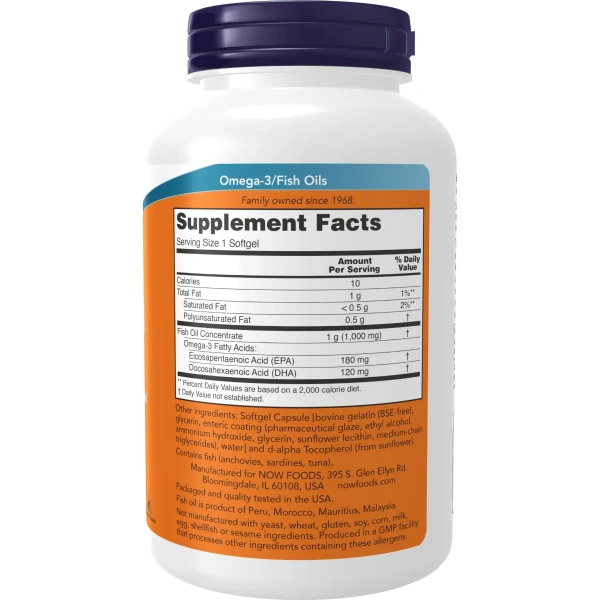 Now Foods, Omega-3, Molecularly Distilled & Enteric Coated (molekulaarselt destilleeritud ja enterokattega), 180 geelkapslit | Now Foods