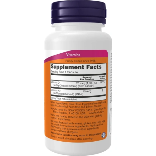 Now Foods, Vitamin D3 & K2 - 1000IU/45mcg (120 Veg caps) | Now Foods
