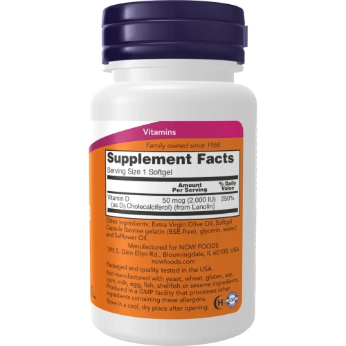 Now Foods, Vitamin D3 (Vitamiin D3), 50 mcg (2000 IU), 120 geelkapslit | Now Foods