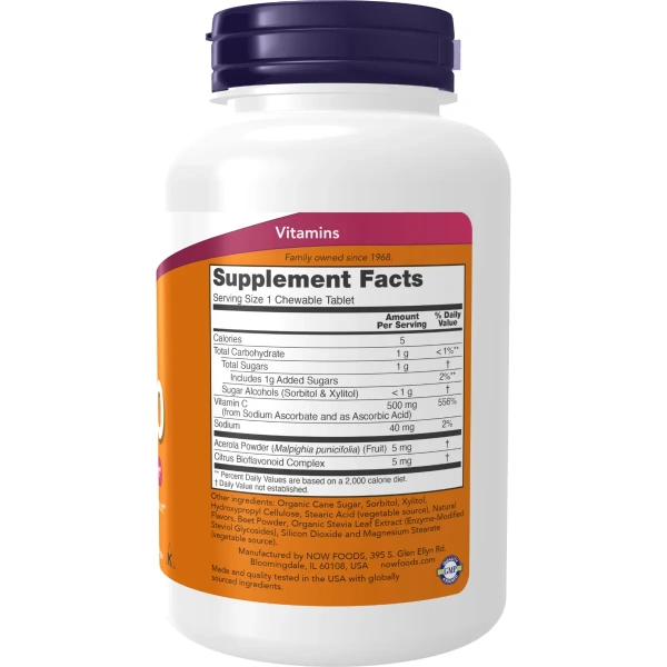 Now Foods, Vitamin C-500 (Vitamiin C), looduslik kirsi-marja maitse, 100 näritavat tabletti | Now Foods